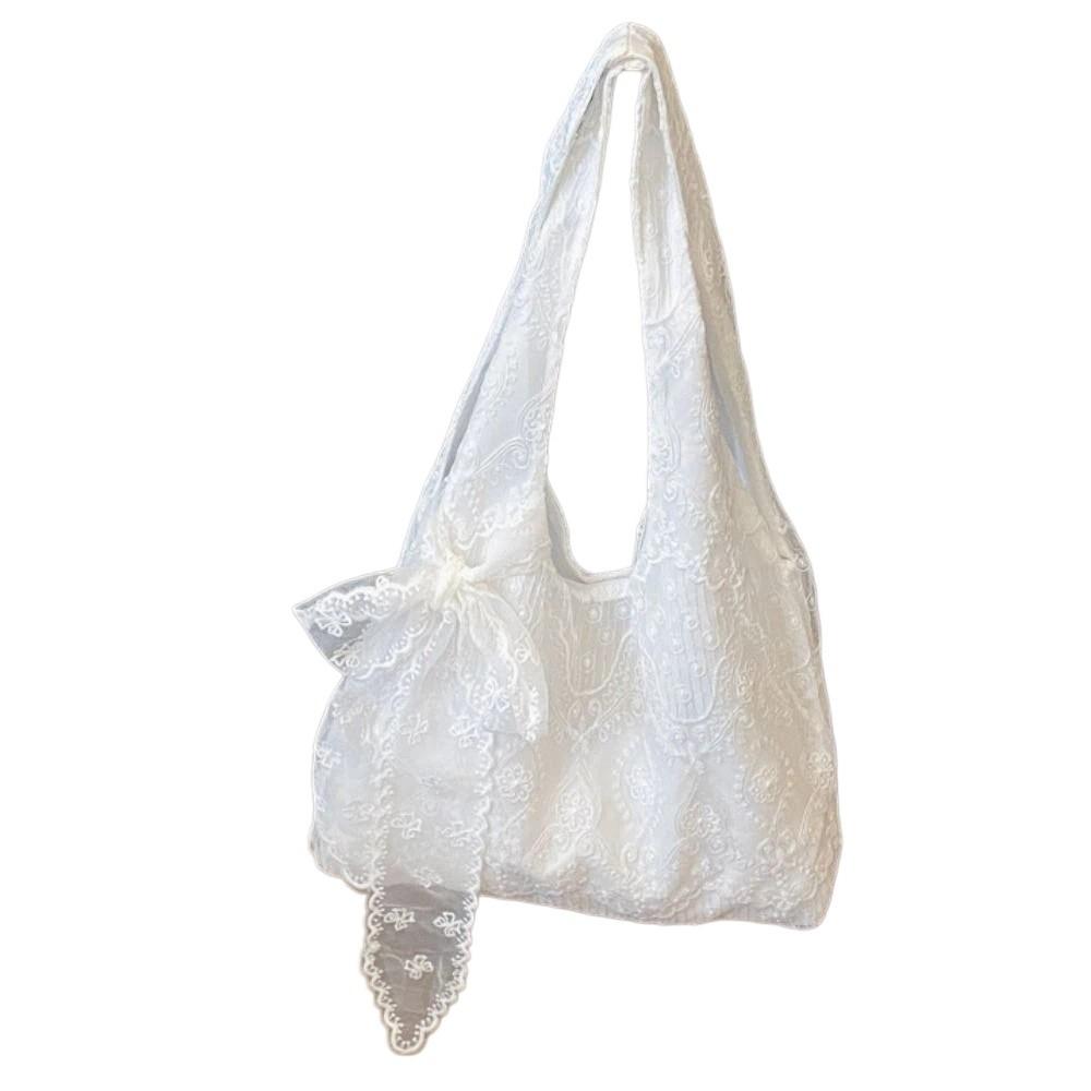 With Silk Scarf Floral Print Lace Handbag Canvas Versatile Embroidery Lace Shoulder Bag Lightweight Underarm Bag