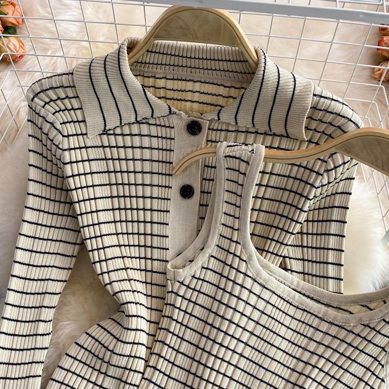 Fashion Suit Skirt Slim Knitted Lapel Top Sleeveless Vest Three-Piece High Waist Striped Hip Skirt Women