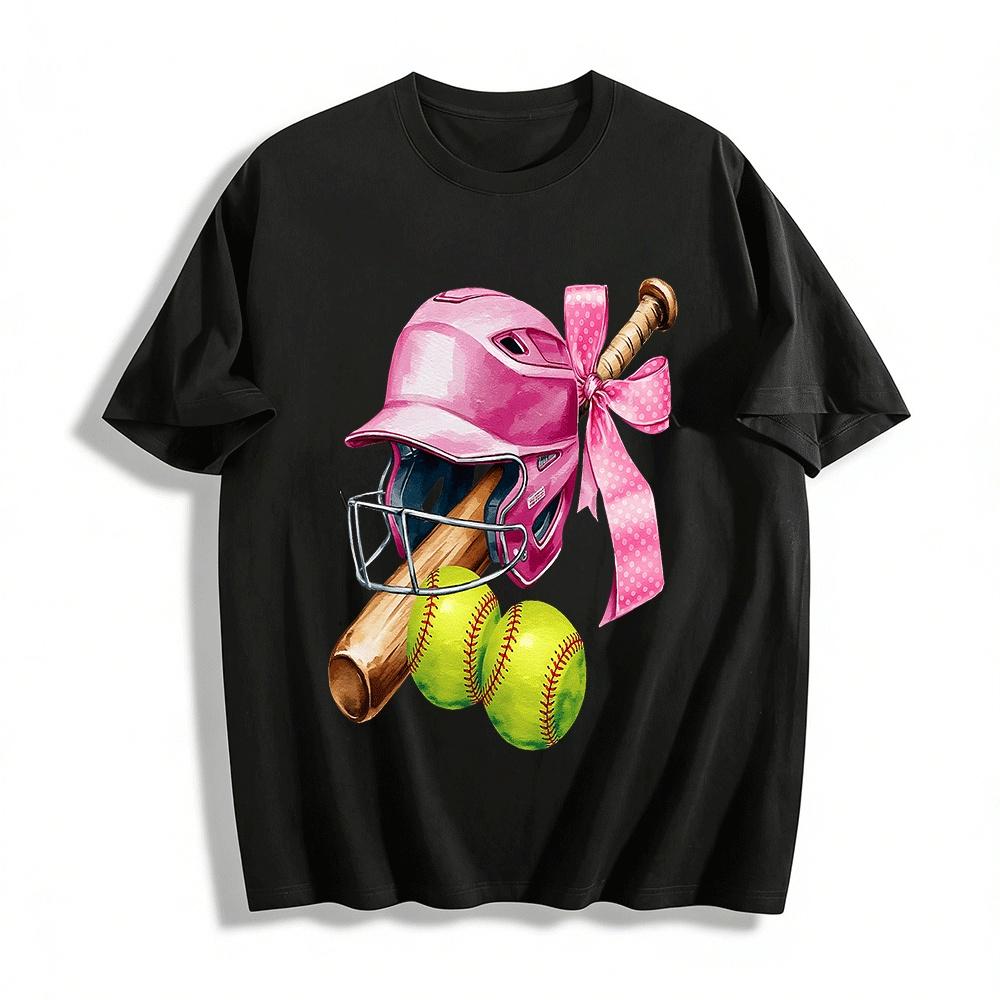 

Girls Softball Themed Print Tee Helmet Bat Pattern Sports Top Pure cotton T-shirt 6XL