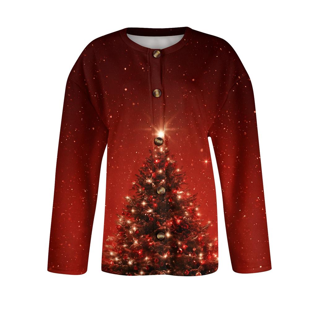 Damen Weihnachtsdruck Langarm Strickjacke Knopfleiste Pullover