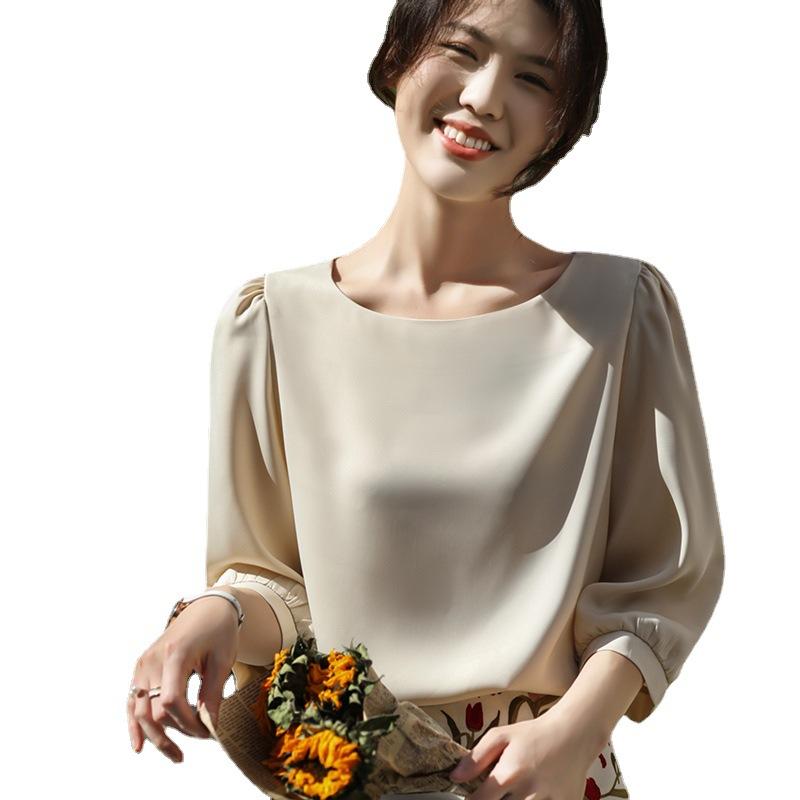 

Футболка с круглым вырезом из сатина, с рукавом средней длины, летняя, с рукавом-фонариком, модная рубашка, французский ретро, базовая футболка 3XL