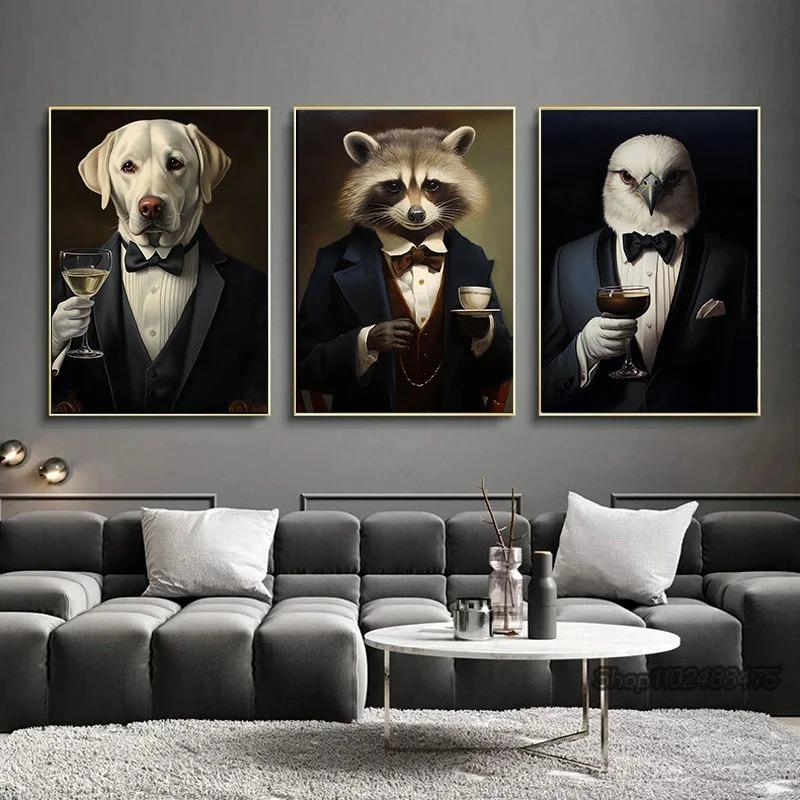 Funny Animals Raccoon In Tuxedo Owl Pug Suit Print Poster Canvas Painting Cute Kawaii Wall Art Pictures Living Room Home Decor