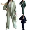 2 Pcs/Set Women Shirt Pants Set Turn-down Collar Single-breasted Long Sleeves Loose Top Elastic Waist Wide Leg Trousers Sport Tracksuit