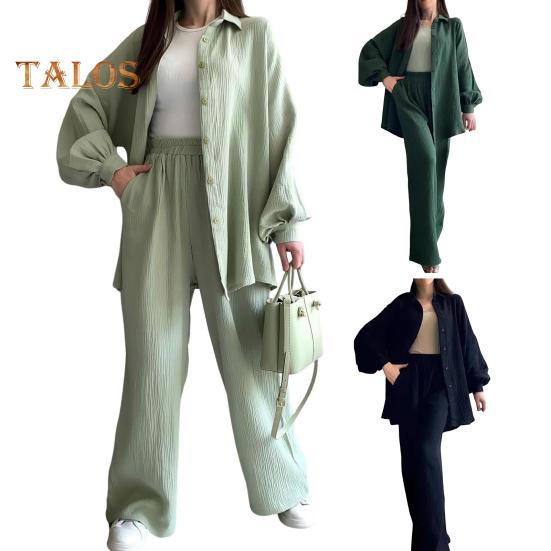 2 Pcs/Set Women Shirt Pants Set Turn-down Collar Single-breasted Long Sleeves Loose Top Elastic Waist Wide Leg Trousers Sport Tracksuit