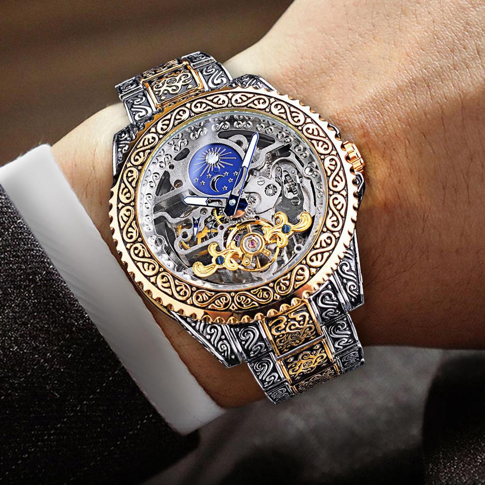 Transparente Modeuhren Leuchtendes Royal Design Gold Luxus Männer Mechanische Skelett-Armbanduhr Automatische Mechanische Armbanduhren