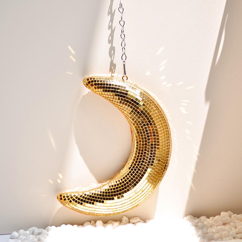 Decorazione Pendente a Forma di Luna Palla da Discoteca Appesa Glitter Vetro Palla a Specchio Riflettente Ciondolo Luna Decorazione Bar Festa di Matrimonio