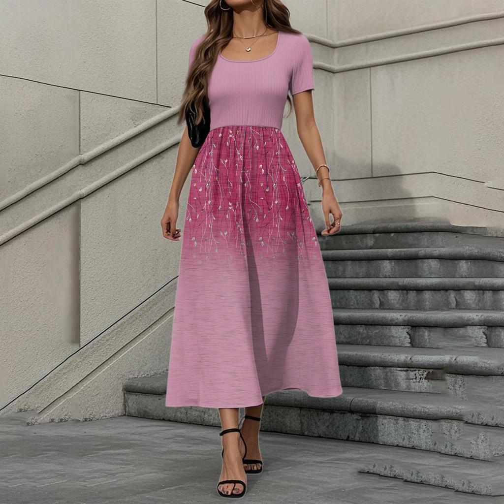 Women's Fashion Casual Short Sleeve Round Neck Splicing Floral Print Elegant Temperament Dress