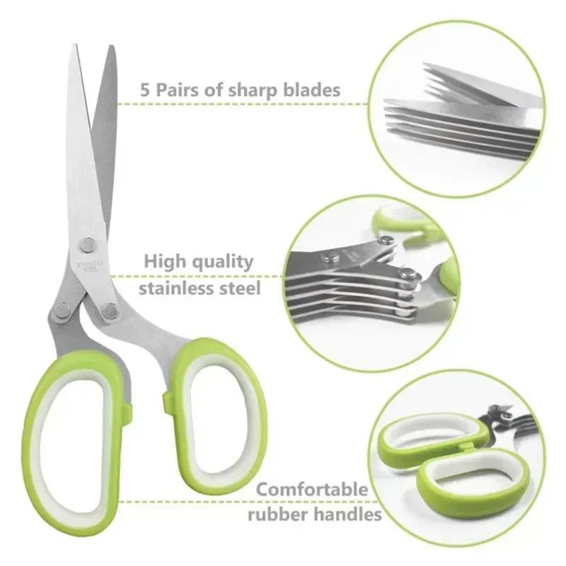Multipurpose Cutting Shears with Stainless Steel 3/5 Layer Herb Stripper Kitchen Scissors Pepper Herb Scissors Shredded Chopped
