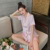 Fashion Temperament Summer Pajamas Women'S Short-Sleeved Shorts Lapel Cardigan Pink Thousand Bird Grid Loungewear Set