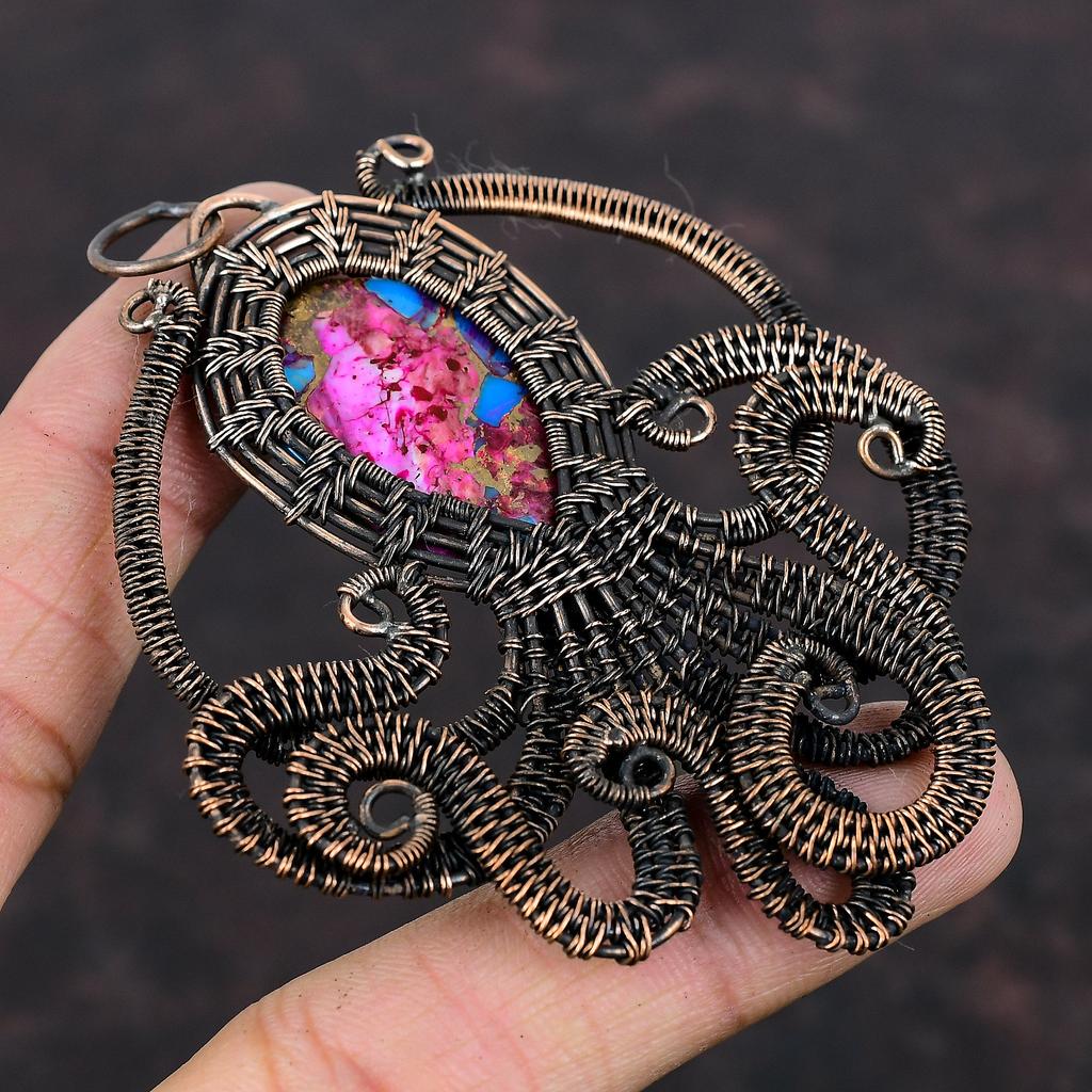 Natural Kingman Pink Dahlia Turquoise Pendant Copper Wire Wrapped Pendant Gemstone Jewelry Handmade Octopus Pendant Copper Jewelry For Gift