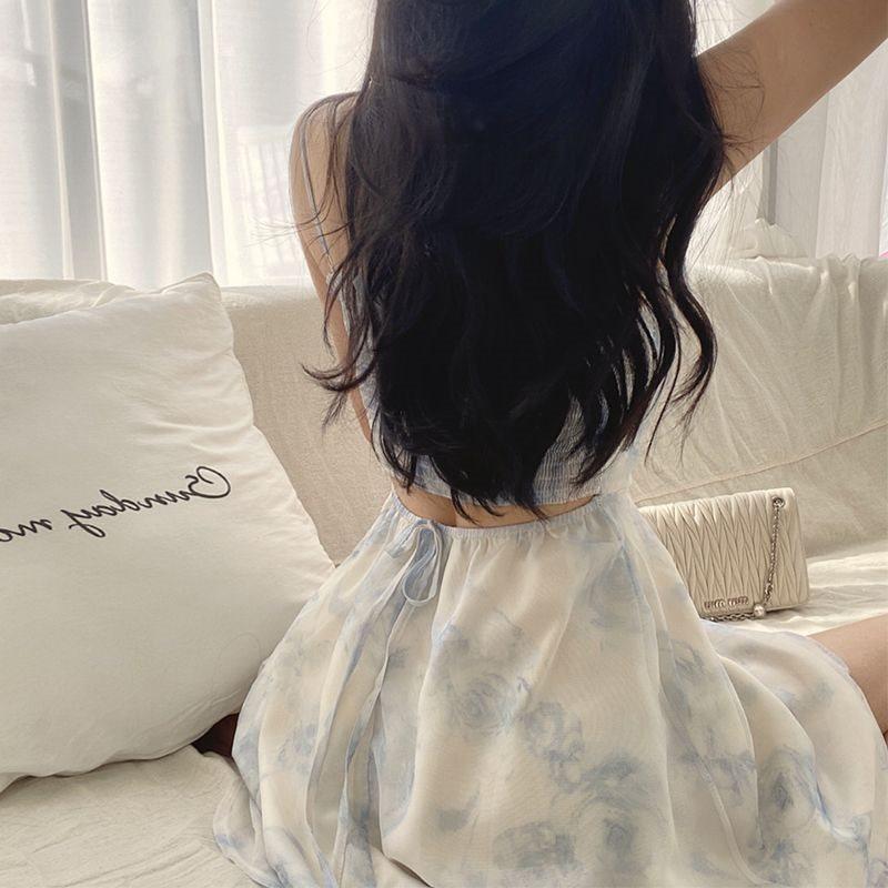 French Chiffon Rose Sleeveless Dress With Lace Hollow Design For Summer Casual Wear