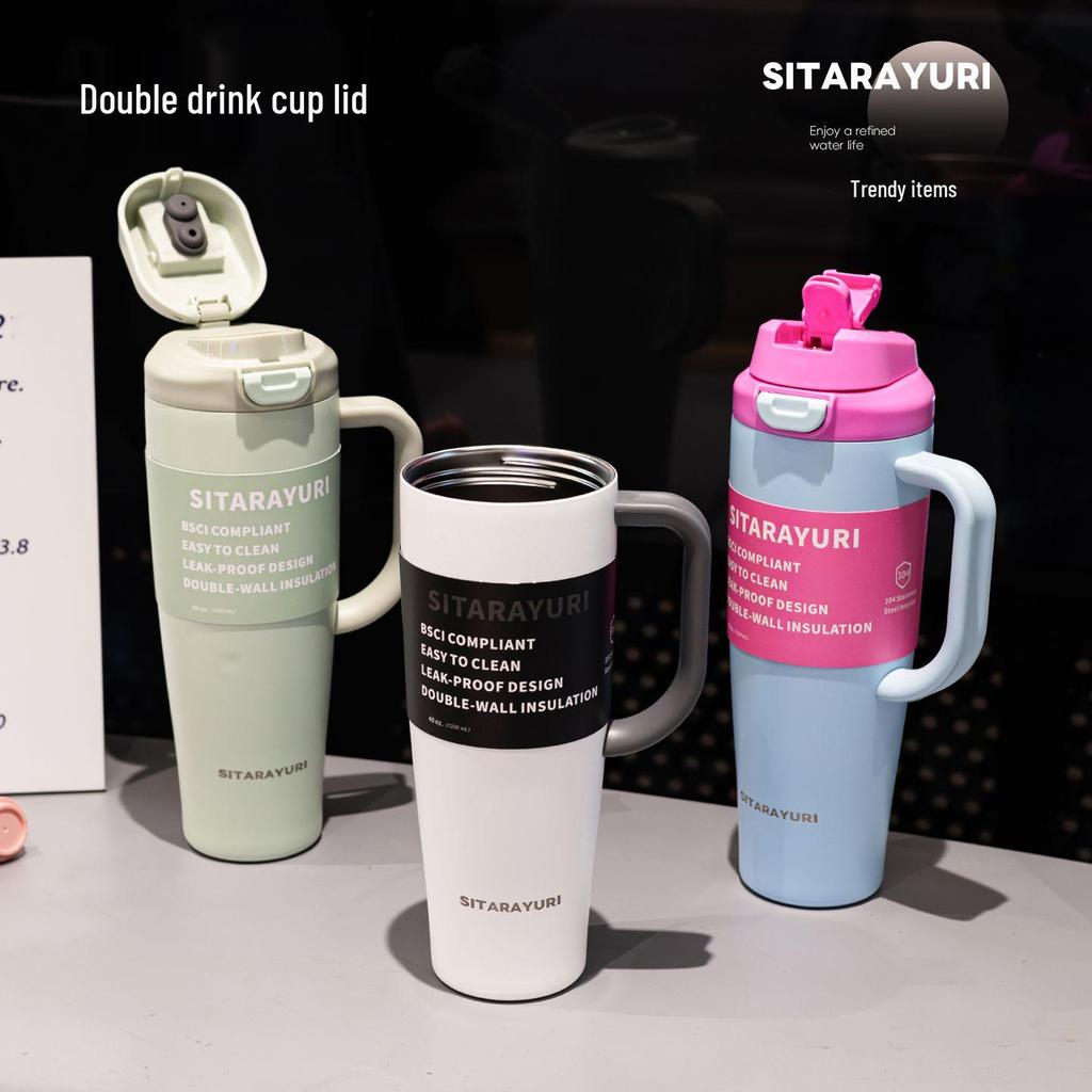 SITARAYURI Isolierter Auto-Kaffeebecher aus 304 Edelstahl mit Griff, Großes Fassungsvermögen