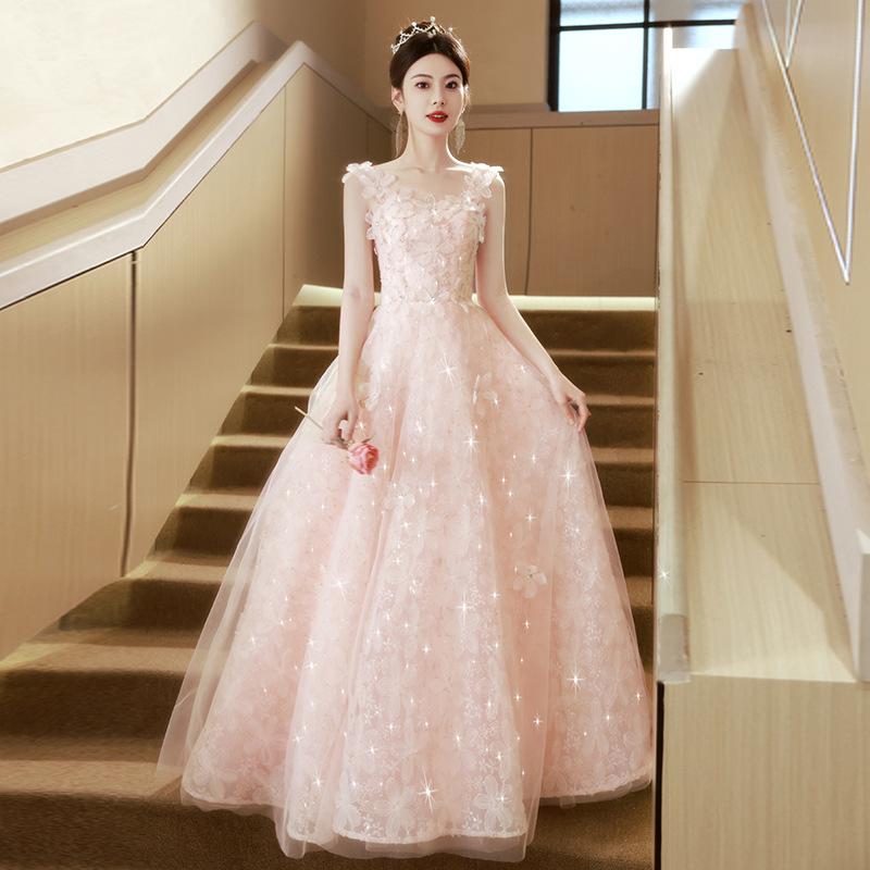 Pink Mori dress long high-end engagement wedding toast dress host performance graduation dress dress