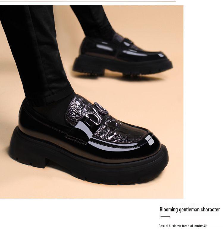 Men's Black Patent Leather Formal Shoes: High-End, Thick Sole, Height-Increasing, Breathable, Casual, Handcrafted.