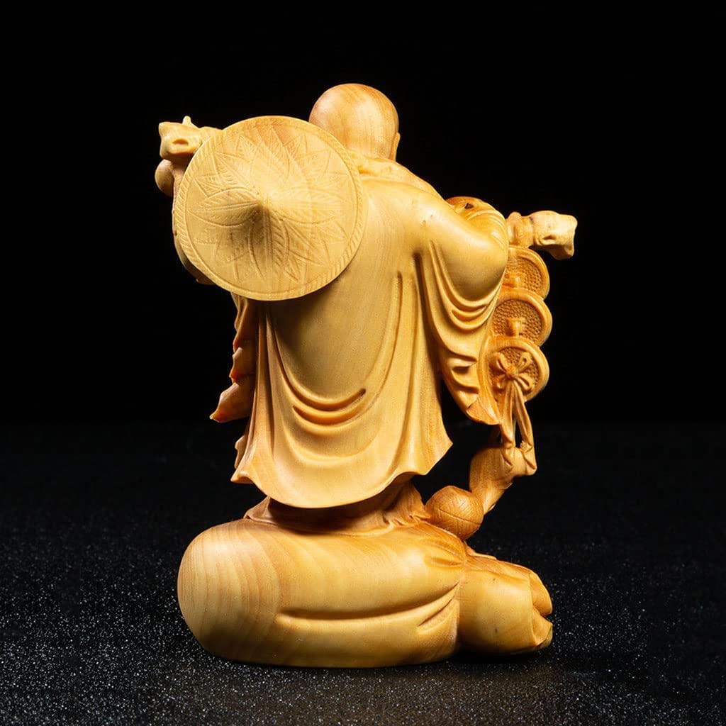 Holzschnitzerei Hotei Buddha Figur von einem der Sieben Glücksgötter 10cm Amulett für Glück und Hochwertiges Buchsbaumholz, Götter, hoch. dfjlwke. Reichtum.