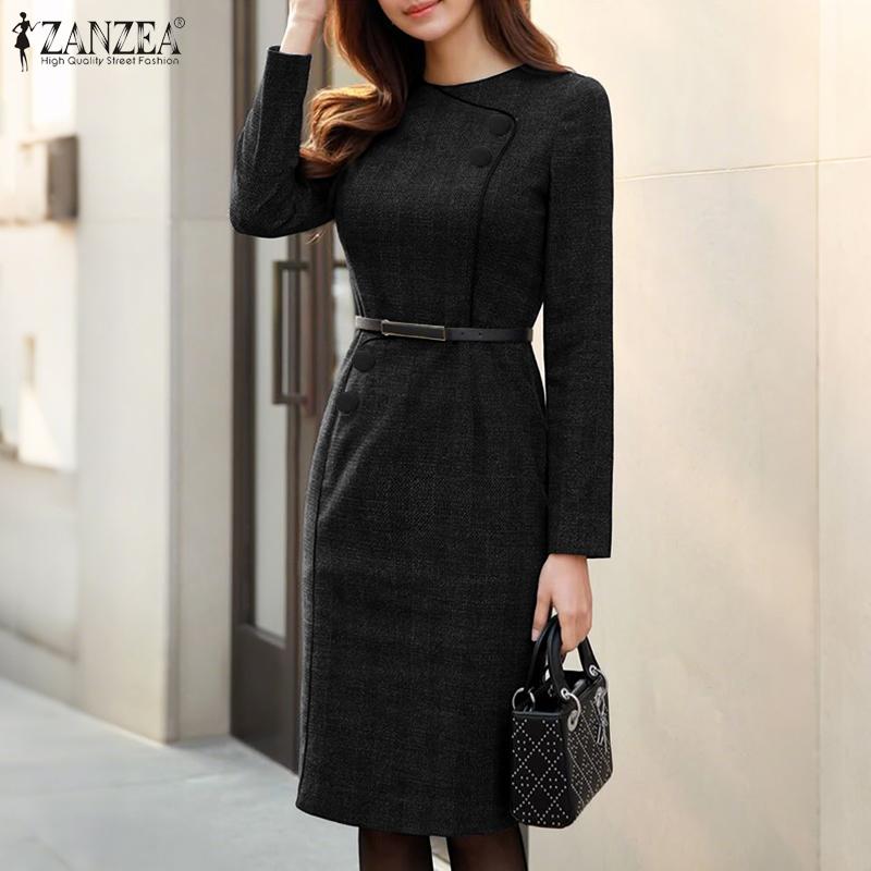 ZANZEA Women Casual Round Neck Long Sleeve Sheath Dress