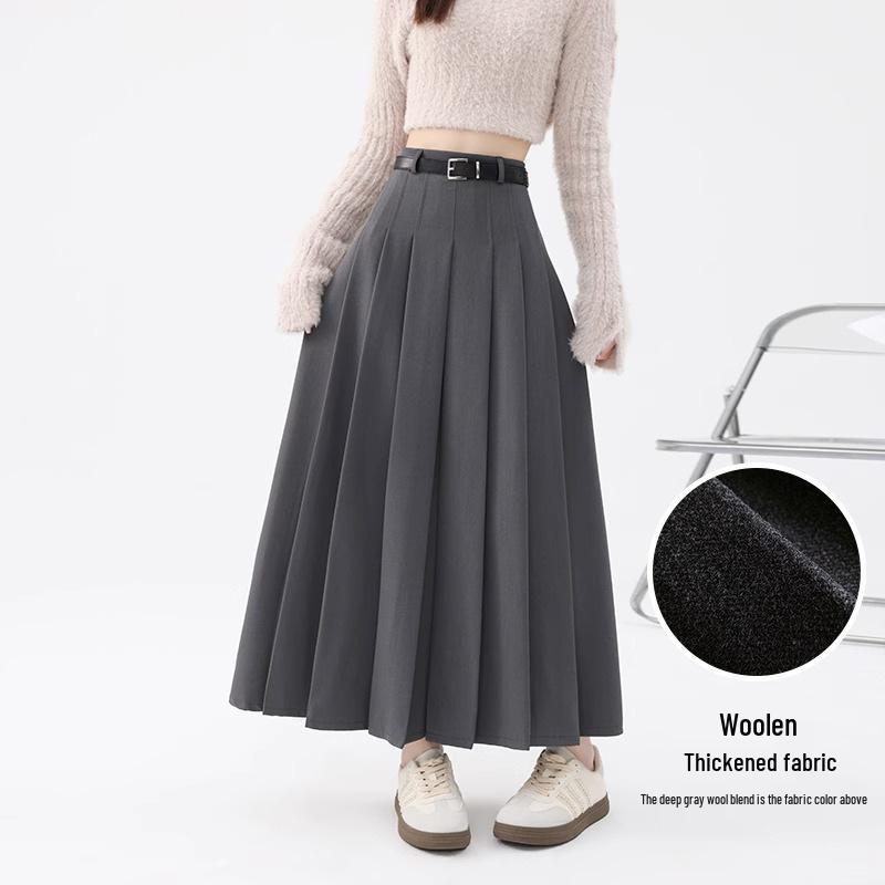 Women's High Waist Gray A-Line Pleated Mid-Length Skirt - Spring, Summer, Autumn 2025