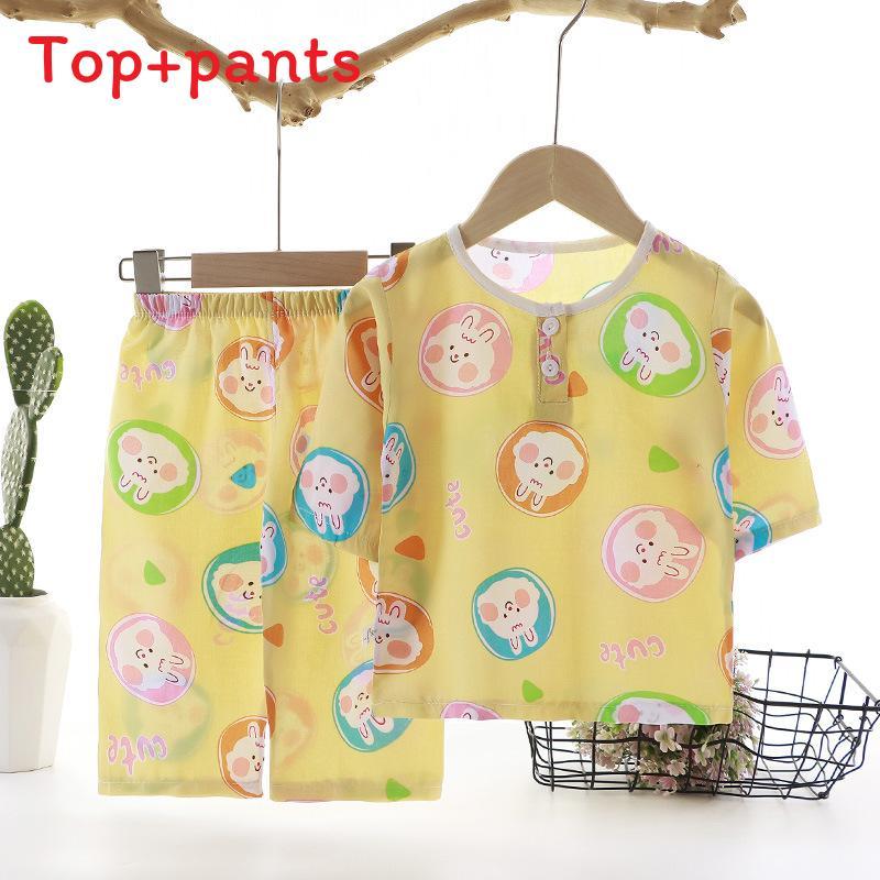 Cartoon Dinosaur Kids Sleepwear Set With Breathable Cotton Silk For Summer Comfort