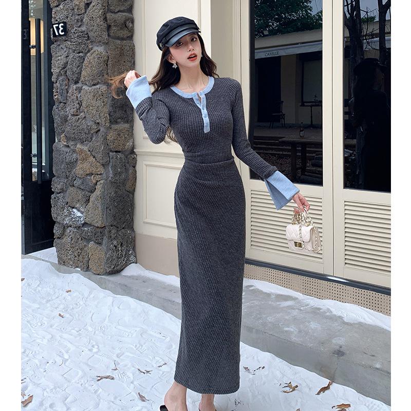 

Платье 2025 Весна во французском стиле, с цветными блоками, с длинным рукавом - Приталенное, модный корейский дизайн для женщин Small