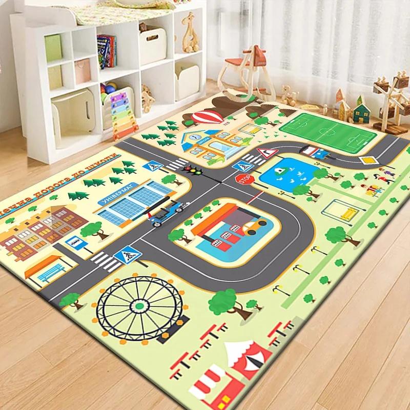 Kids Beach Town Adventure Mat Cartoon City Road Traffic Rug for Children's Playroom Bedroom Educational Game Carpet Perfect