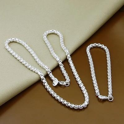 2Pcs Set 45-60cm 925 Sterling Silver 4mm Chain Necklace Bracelet Set For Women Men Wedding Engagement Charm Jewelry