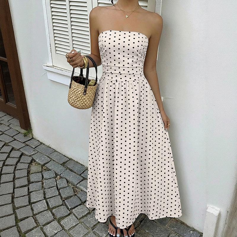 

Cross2026 Strapless Long Polka Dot Dress - European & American Style, Sleeveless and Ruched Waist, Summer Collection Small бежевий