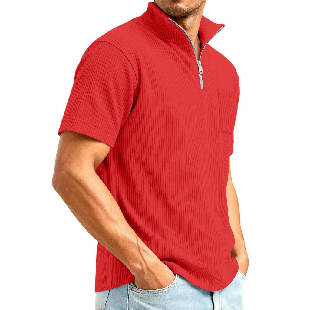 Men's 1/4 Zip Corduroy Short Sleeve Top | Loose Fit Fashion Casual Pullover For Daily Wear