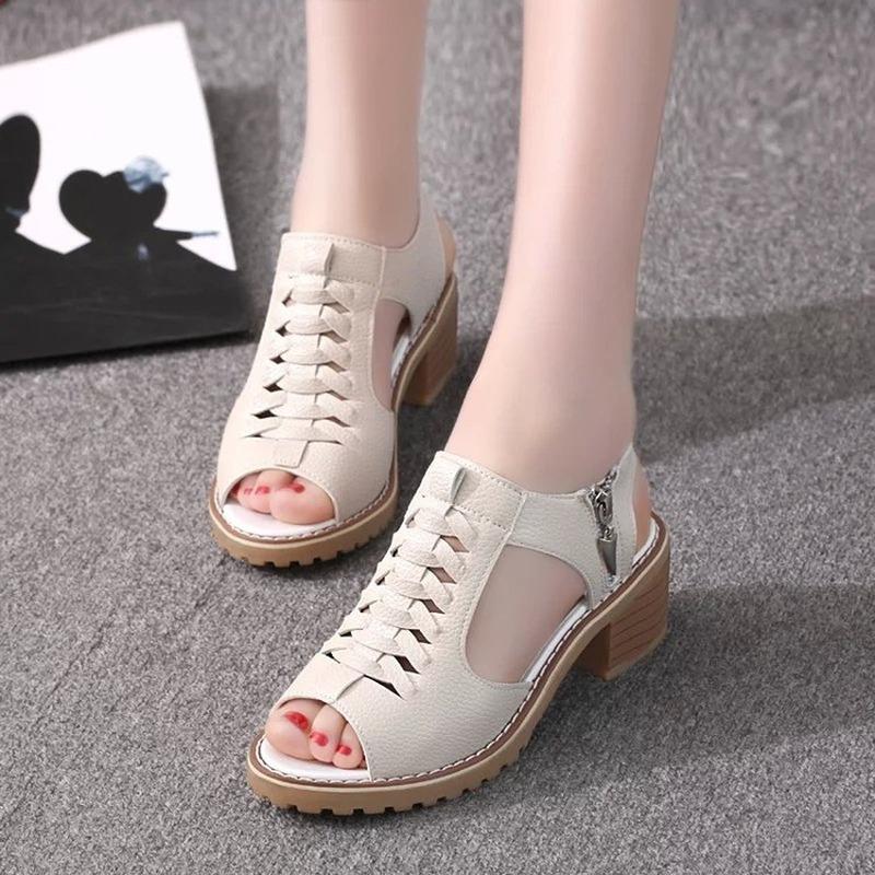 New Summer Women 'S Sandals Square Heel Zipper Gladiator Shoes Open Toe High Heels Women Hollow Breathable Casual Sandals