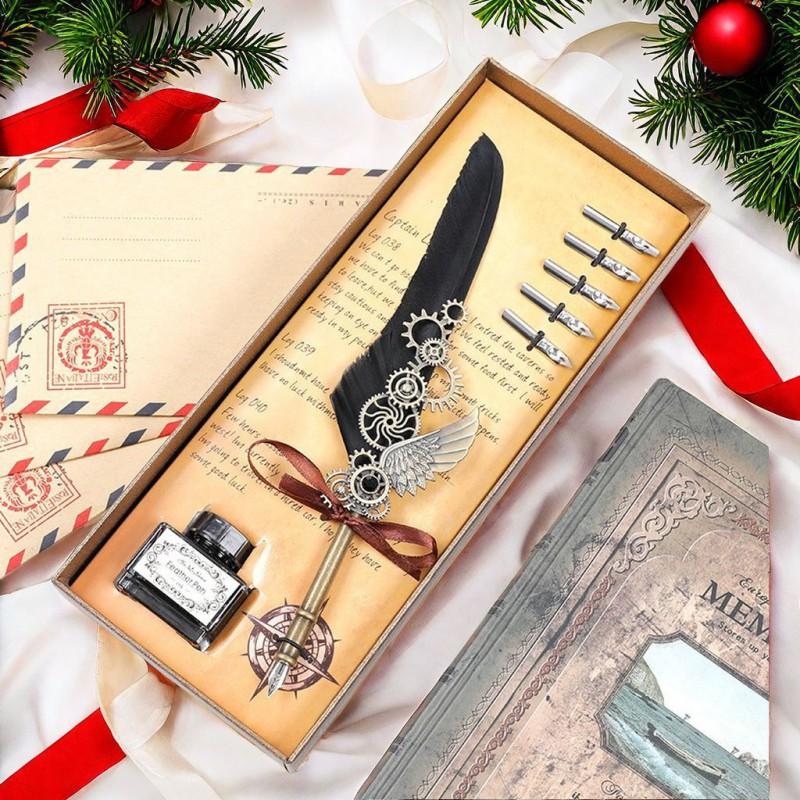 Vintage Map Feather Dip Pen Set Brass Base Wax Seal Stamp Gift Box Holiday Birthday