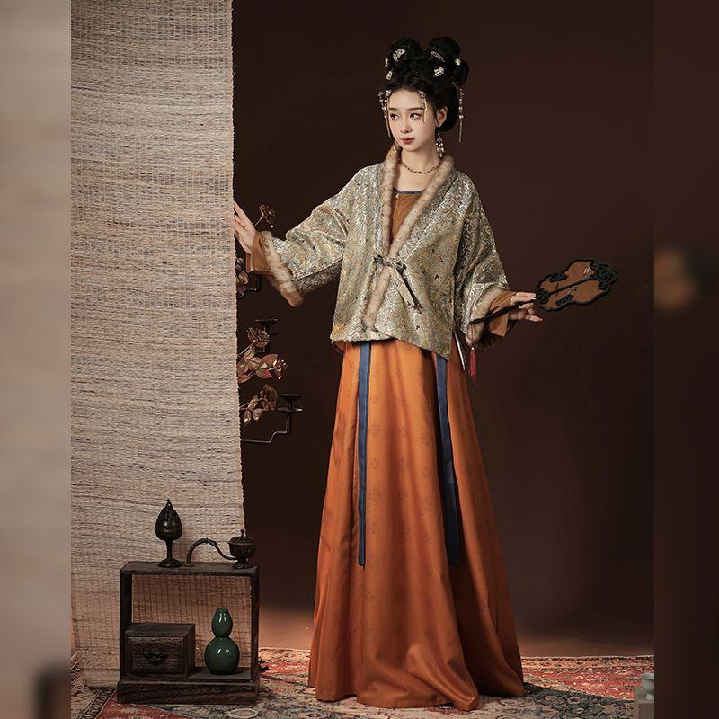Hanfu-Anzug für Damen im chinesischen Stil, Restaurierung imitiert Brokat der Song-Dynastie, Tang-Hose und hüftlange einteilige Rock-Kombination