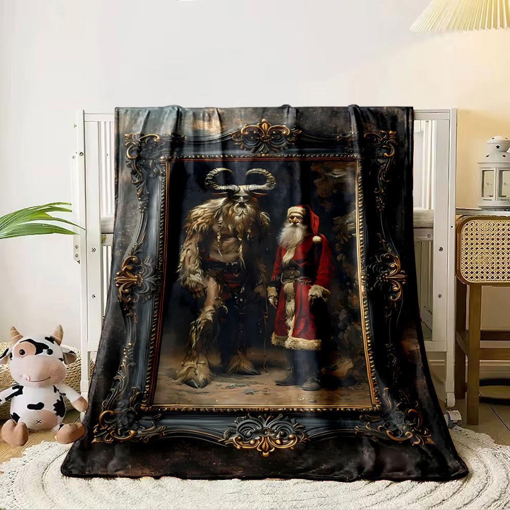 A horned beast stands beside a Santa figure, framed in ornate detailing. for all seasons blanket lunch break throw gift 80cm x 120cm