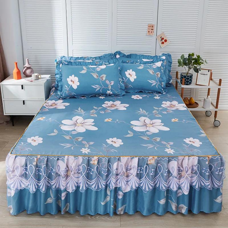 1PC Printed Bedding Set Lace Trim  Heightening Bed Skirt Pillowcase Set Anti-slip Mattress Cover Soft Comfortable Cotton Double
