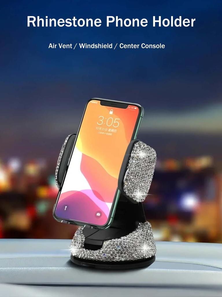 Luxury Rhinestone-Embedded Car Phone Holder - Multi-Functional Rotating Suction Cup Holder, Fits Various Vehicles