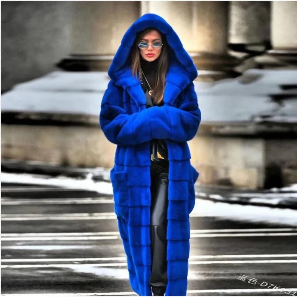 VAYLA Luxuriöser Langer Kunstfellmantel mit Kapuze Winterfelljacke Damen Fellrobe Winddichtes Design Langärmliger Cardigan Warm Dick Große Größe