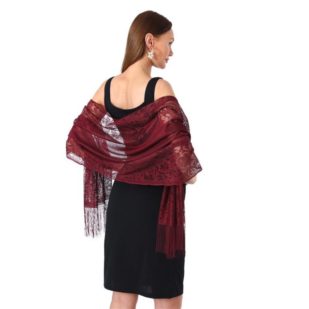 

With Tassel Lace Shawl Hollow Tulle Shawl Cloak Fashion Scarf Women темно-червоний колір