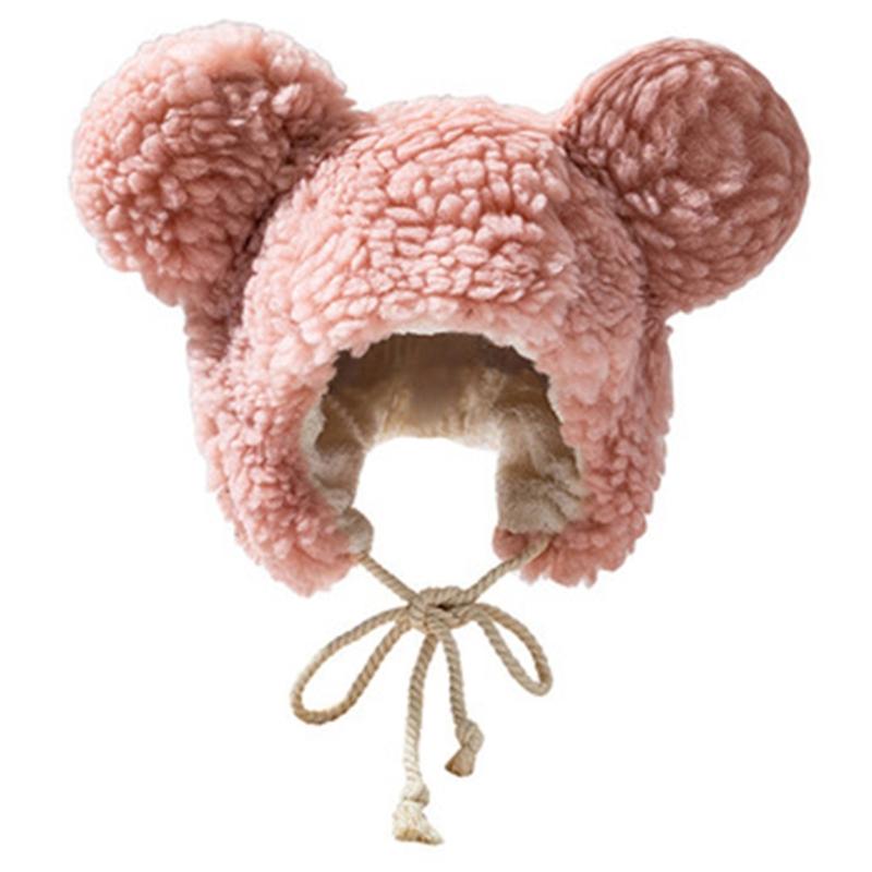 Cute Soft Plush Hat lei Feng hat Bear Ear Lamb Wool Cap Solid Color lei Feng Hat розовый