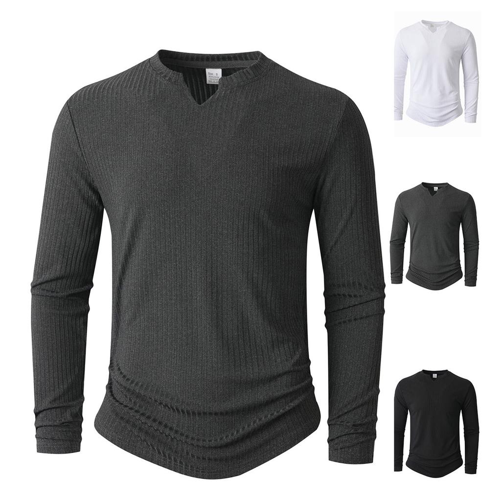 Men's V-neck T-shirt Solid Color Casual Sports Fashion Long Sleeve