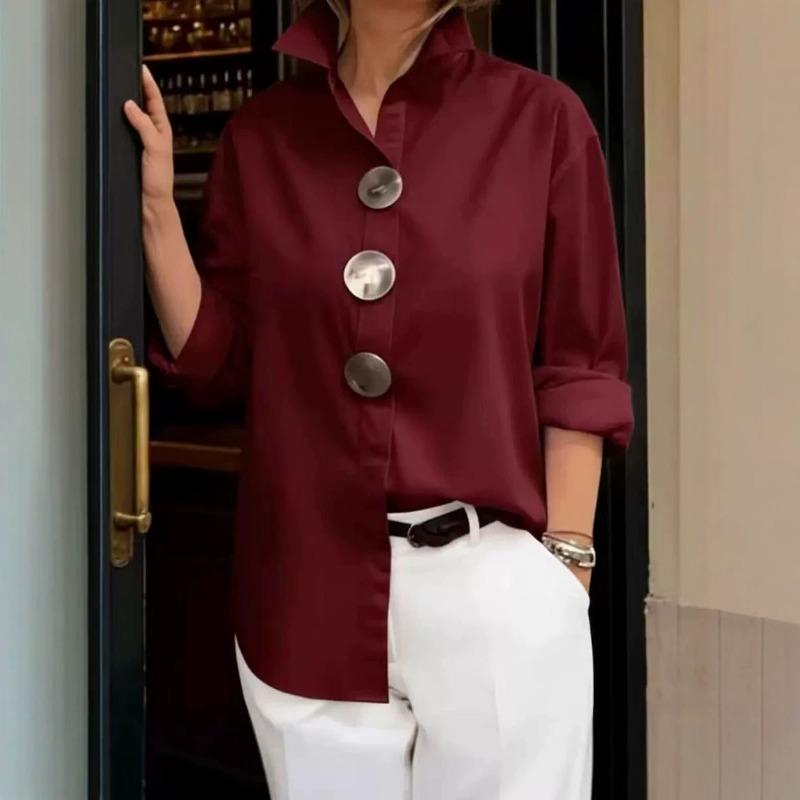 Solid Color Long Sleeve Polo Shirt With Metal Buttons For Summer