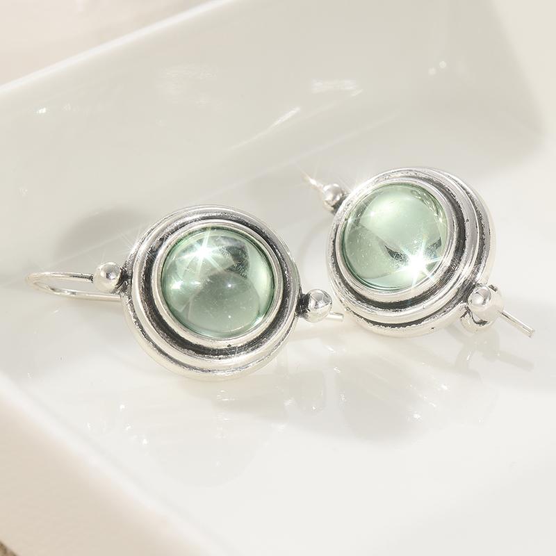 Exquisite Elegant Green Stone Round Pendant Earrings for Women Vintage Silvery Plated Daily Versatile Jewelry Accessaries Gifts