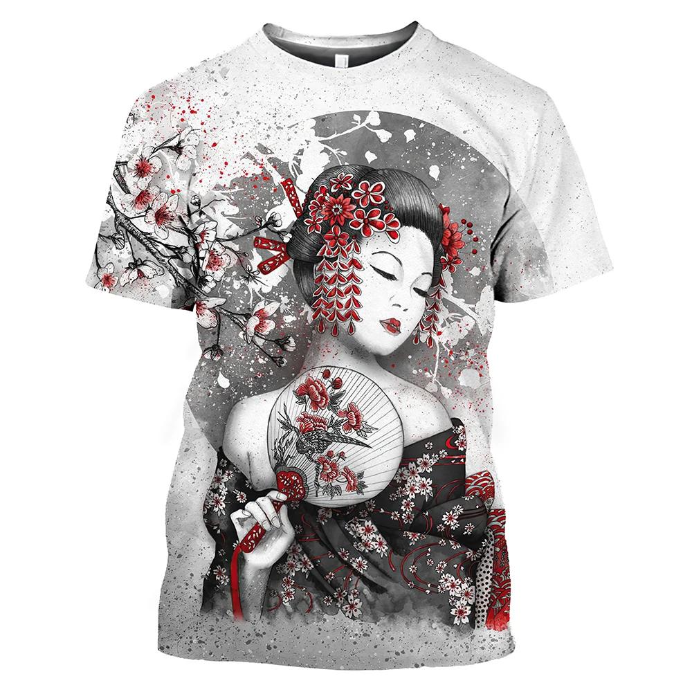Summer Fashion Japanese Geisha Cool T Shirt Men Casual Fun Personality Harajuku Printed Round Neck Short Sleeve Streetwear Top