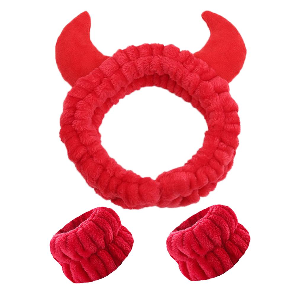 Demon Design Headband And Wristbands Set, Flannel Coral Hair Band Wristbands, Makeup Spa Face Wash Hair Accessories