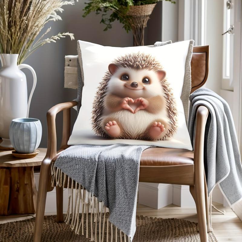 1Pc Baby Hedgehog Heart Hand Cute Printed Throw Pillow Cover,Suitable For Sofa,Bedroom,Livingroom,Healing Gift For Animal Lovers