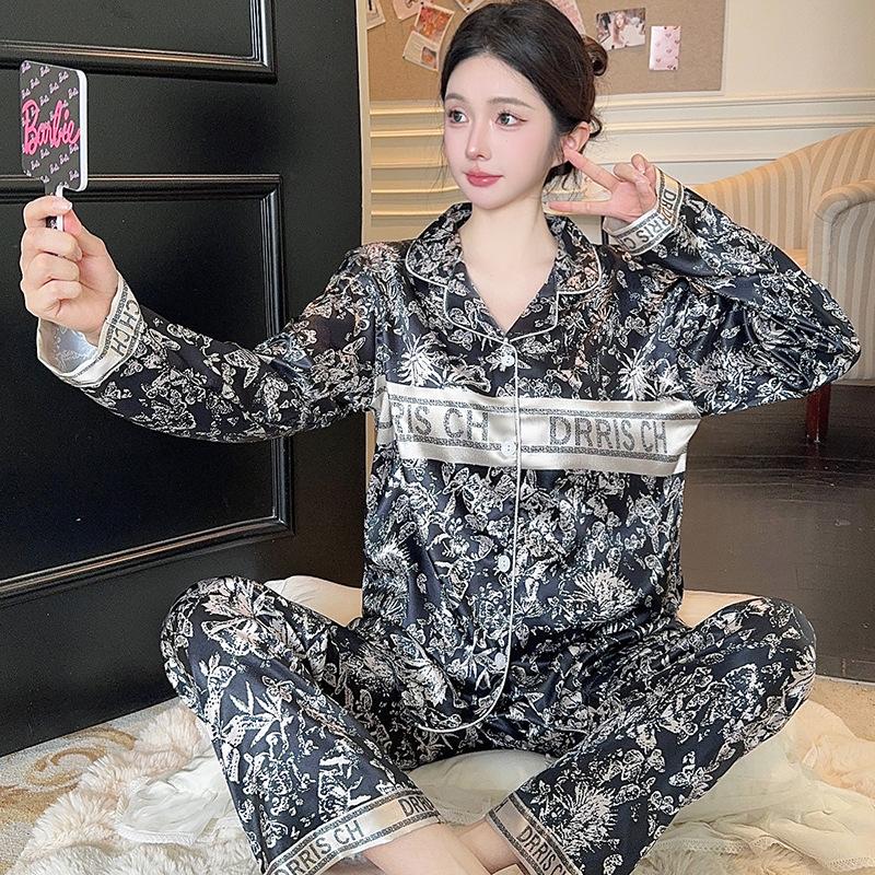 Summer High-End Green Fashion Lapel Pajamas Women'S Long-Sleeved Trousers Plant Flower Loungewear Set