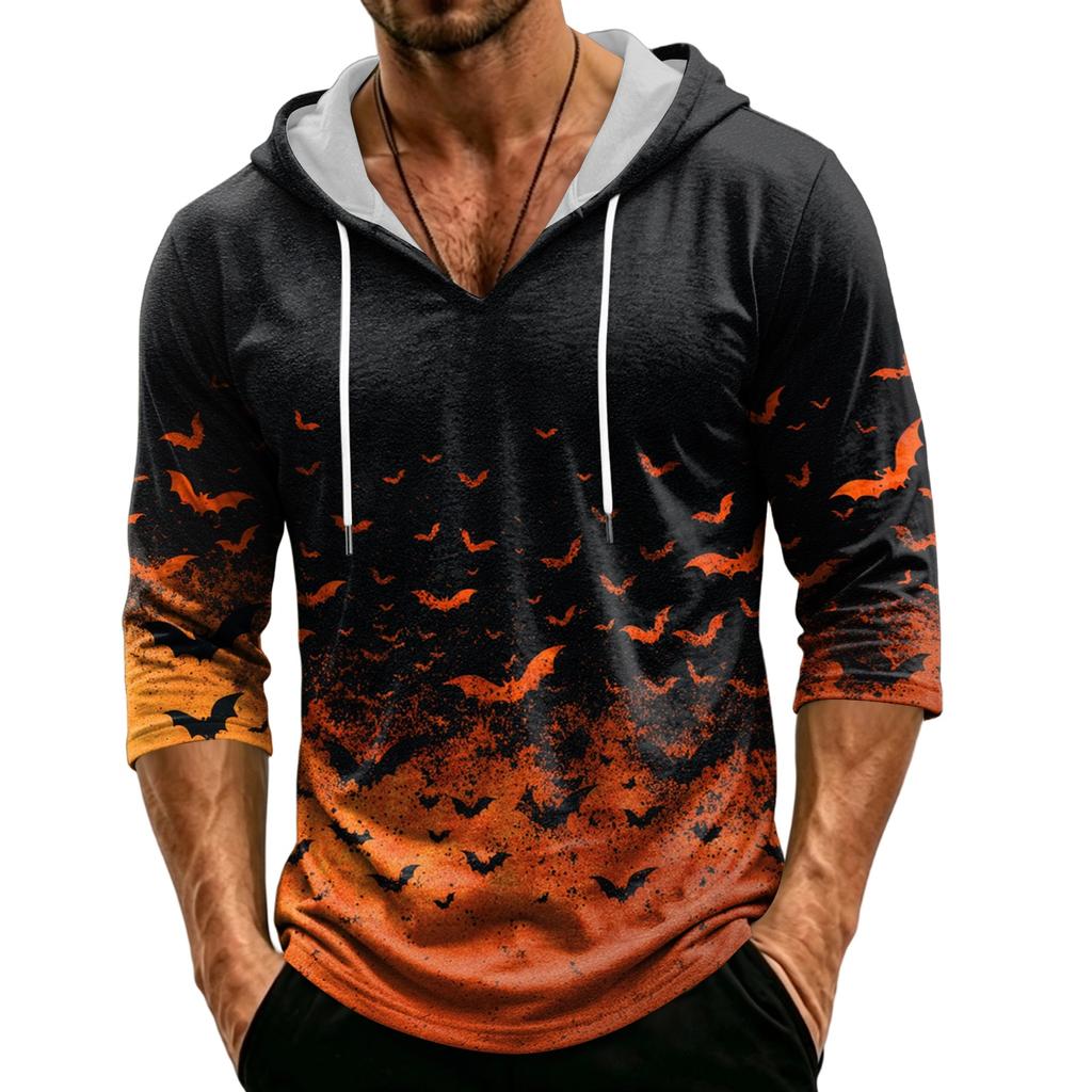Men's Loose Fit Casual Hoodie Three Quarter Sleeve Pullover Halloween Themed Graphic Print Lightweight Top