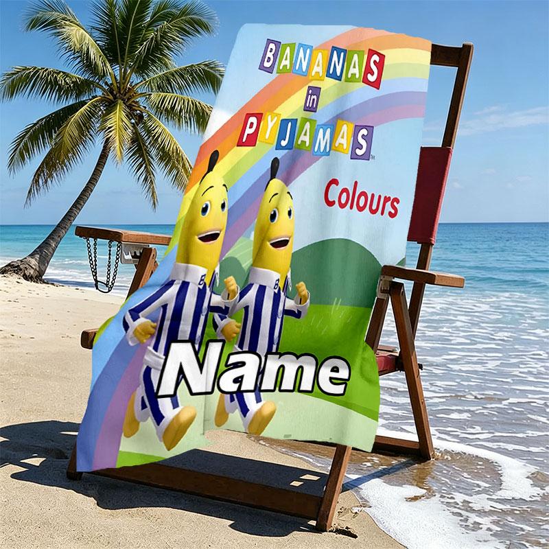 Custom Name Personalized Bananas in Pyjamas Print Beach Towel, for Trip Camping Beach Party Home Decor, Birthday Gift for Family & Friends