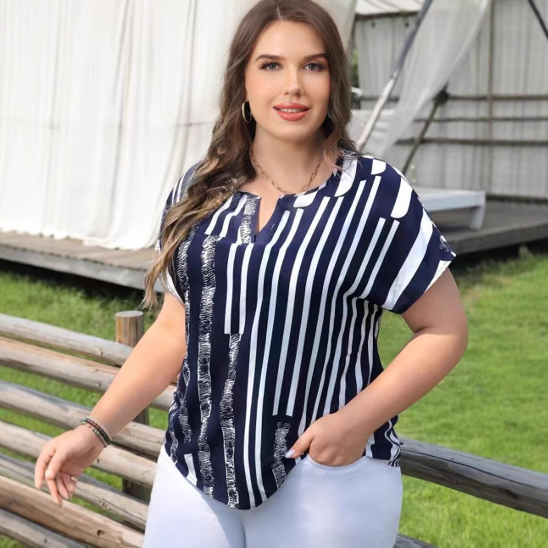 

L-4XL Over Size Женская футболка с короткими рукавами, весна-лето, новая полосатая принтованная футболка с V-образным вырезом и рукавом «летучая мышь» XL темно-синий