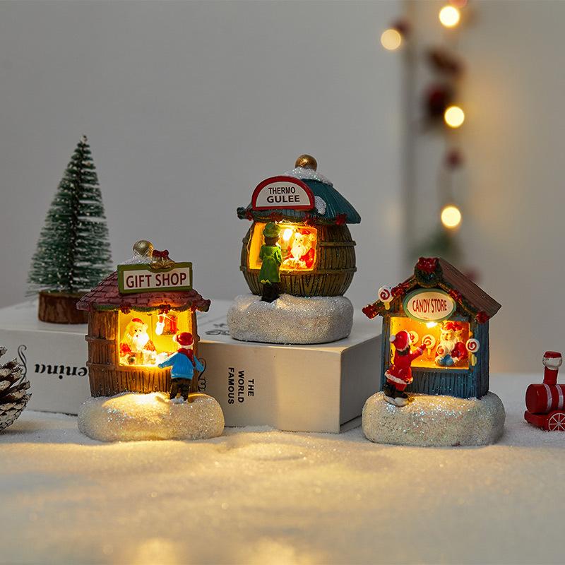 Glowing Christmas Village Houses Luminous Resin Miniature Santa Shop Scene Lighting Creative Holiday Christmas Holiday Supplies
