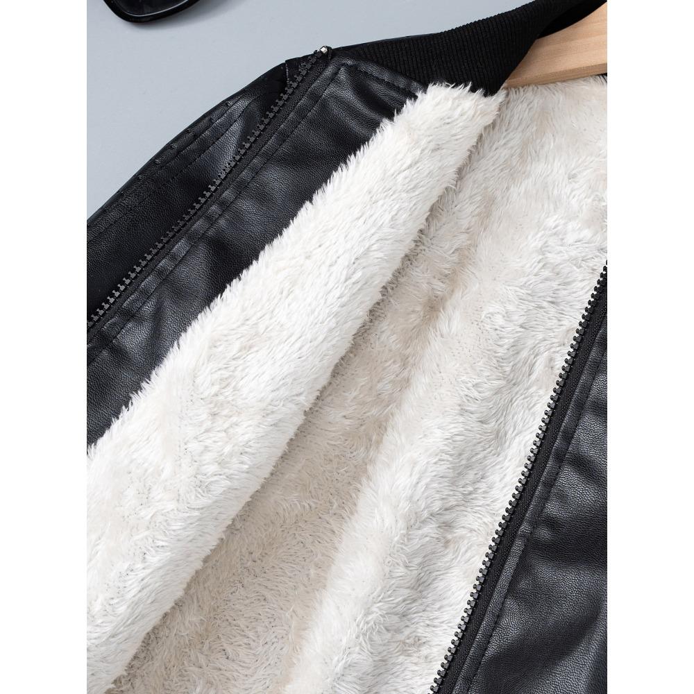 Kids Boys Autumn Winter PU Leather Fleece Lining Stand Collar Zipper Jacket