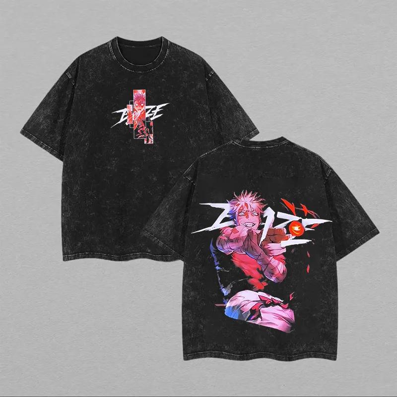 Jujutsu Kaisen Gojo Satoru T Shirt Hollow Purple Graphic Back Print Men Acid Wash Streetwear Anime Cotton Oversized Top Tee M