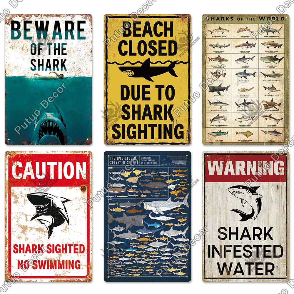 Putuo Decor Shark Sign Metal Signs Vintage Tin Sign Funny Warning Movie Poster for Bar Pub Kitchen Club Man Cave Wall Decoration